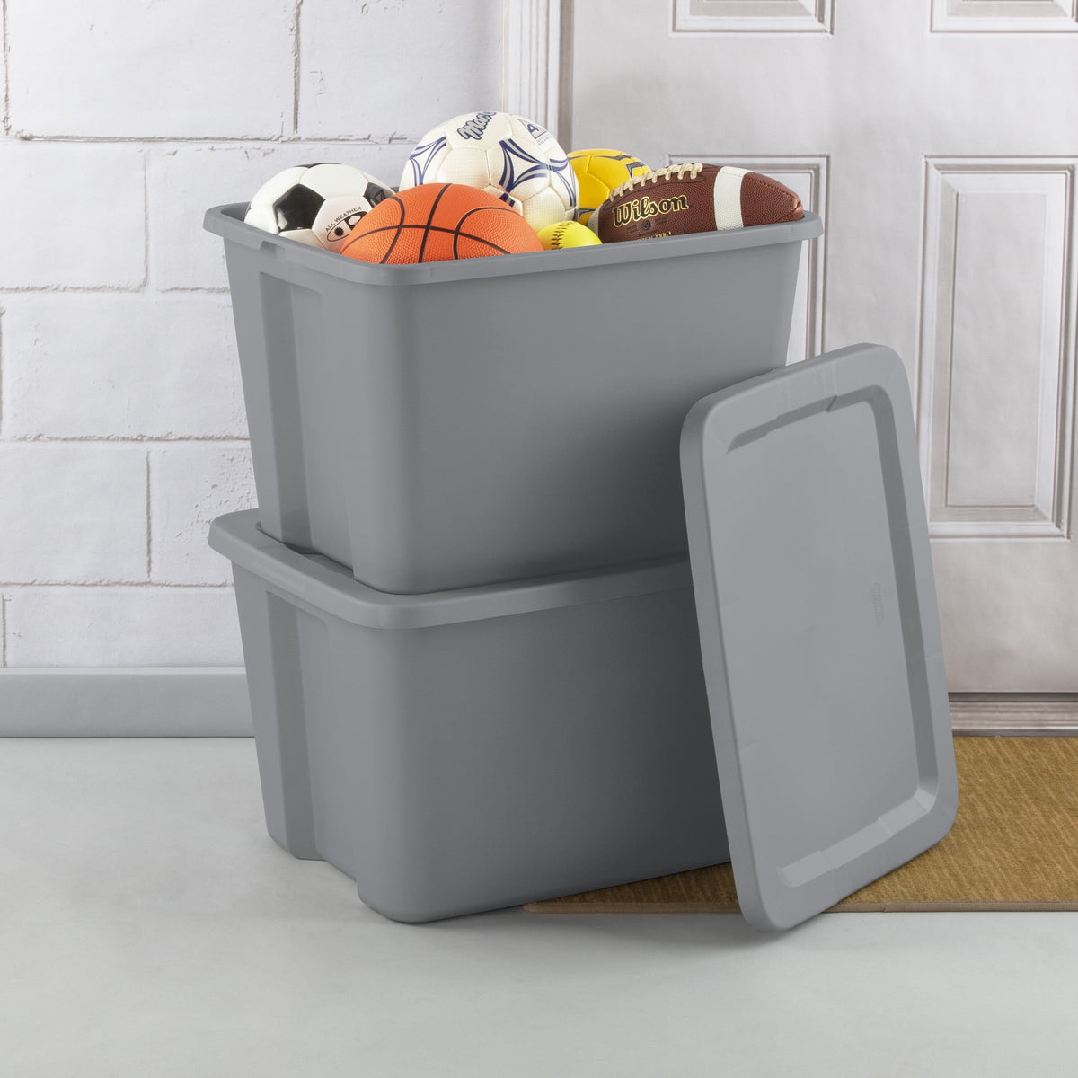 Sterilite Large Storage Bin, 18 Gallon Durable Plastic Storage Tote with Snap-On Lid, Gray, 8 pack
