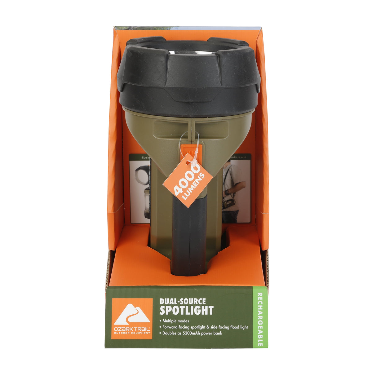 Ozark Trail 4000 Lumen Dual Source Rechargeable Flashlight with 5000 mAh Power Bank, Olive