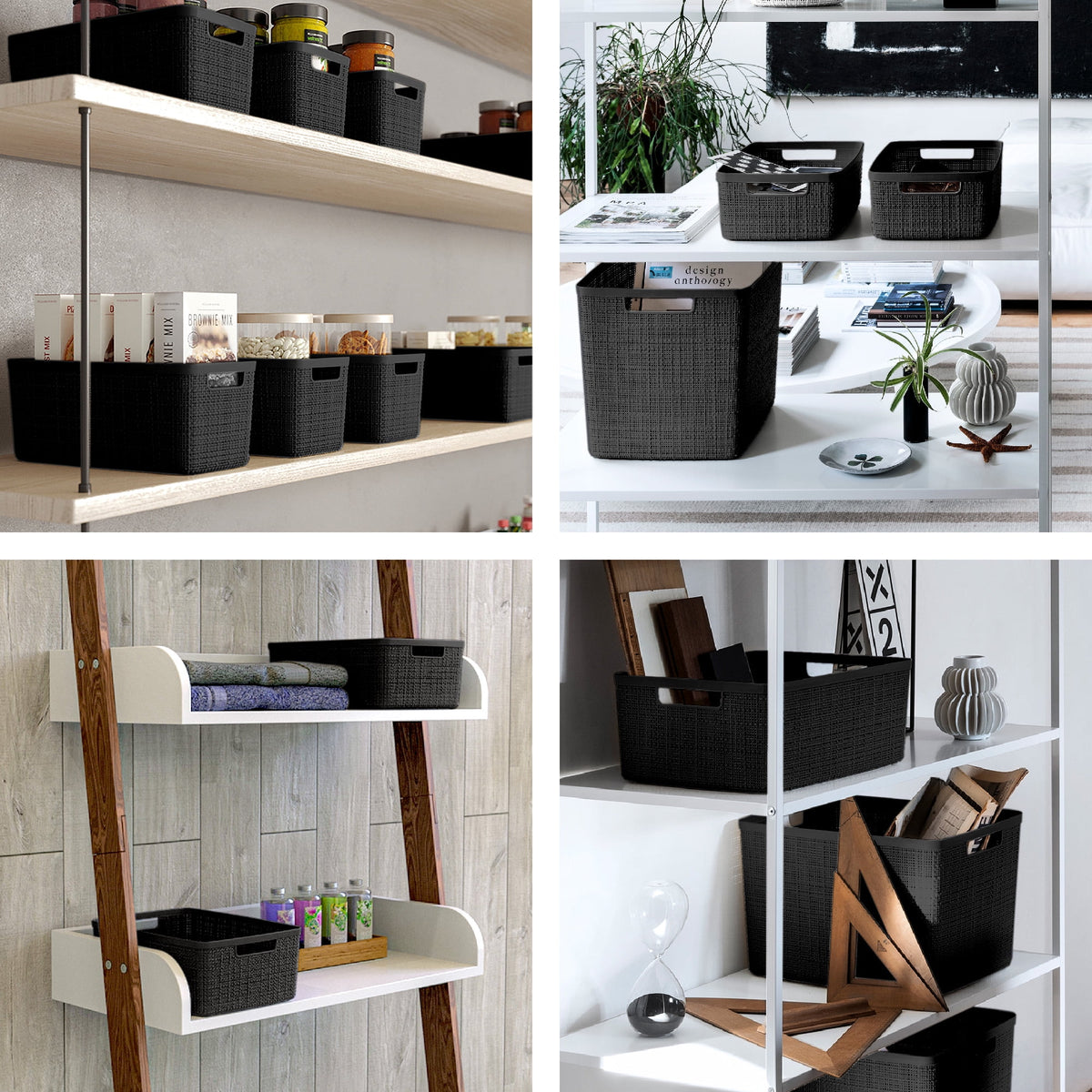 Curver Set of 4 Jute Basket Cube Durable Resin Organization and Storage Basket Bin, Black