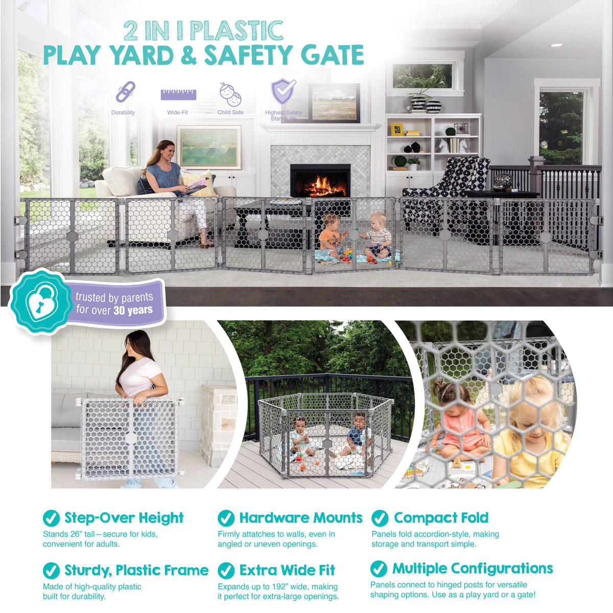 Regalo 2-in-1 Super Wide Baby Gate & Play Yard Plastic 192 Inches, Gray
