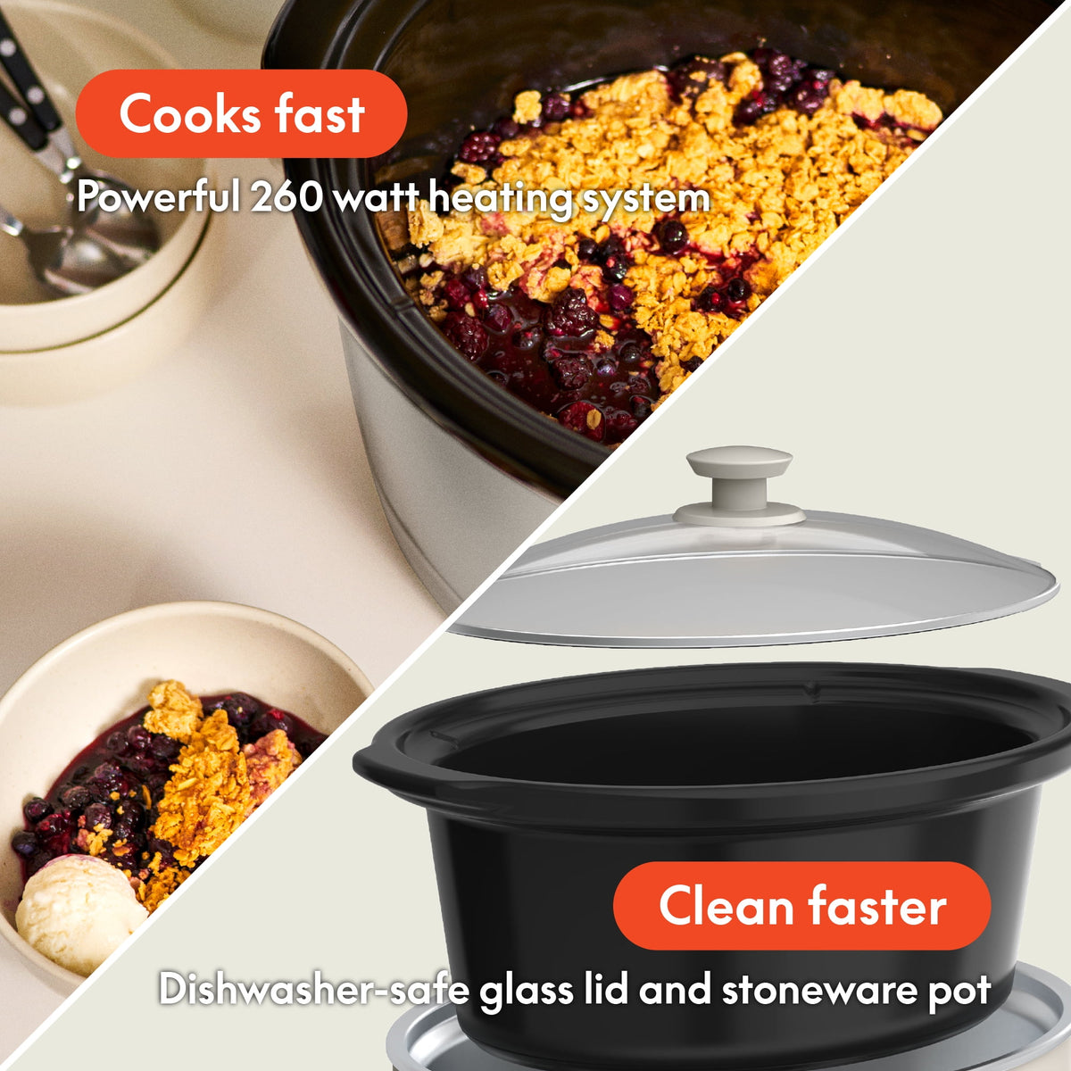 bella 6 Qt Manual Slow Cooker with 3 Temperature Settings, Ceramic Nonstick Coating, Dishwasher Safe Stoneware Pot & Tempered Glass Lid, Oatmilk
