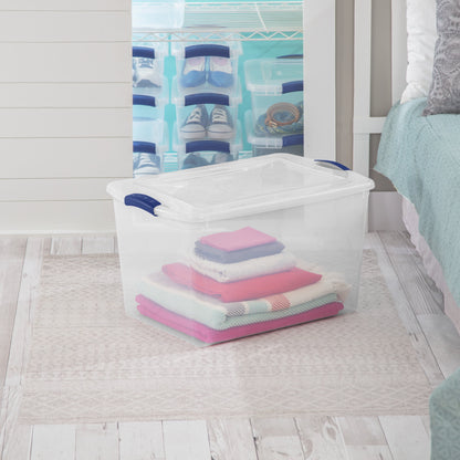 Sterilite Large Latching Storage Bin, 66 Quart Clear Plastic Storage Container with Clear Lid, Blue Latch, 6 Pack