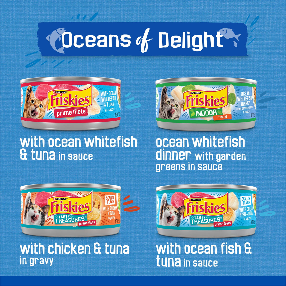 (2 pack) Purina Friskies Oceans of Delight Prime Filets & Flaked Wet Cat Food Variety Pack, 5.5 oz Cans (40 Pack)