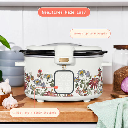 Beautiful 4 Qt Digital Slow Cooker with Hinged Locking Lid, Wildflower White by Drew Barrymore