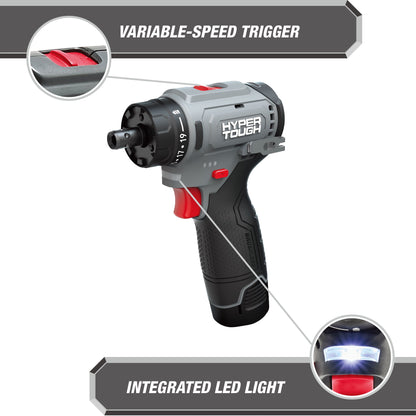 Hyper Tough 12V Max Lithium-Ion 4-in-1 Multi-Head Cordless Power Drill with 2.0Ah Battery and USB-C Charging Cable
