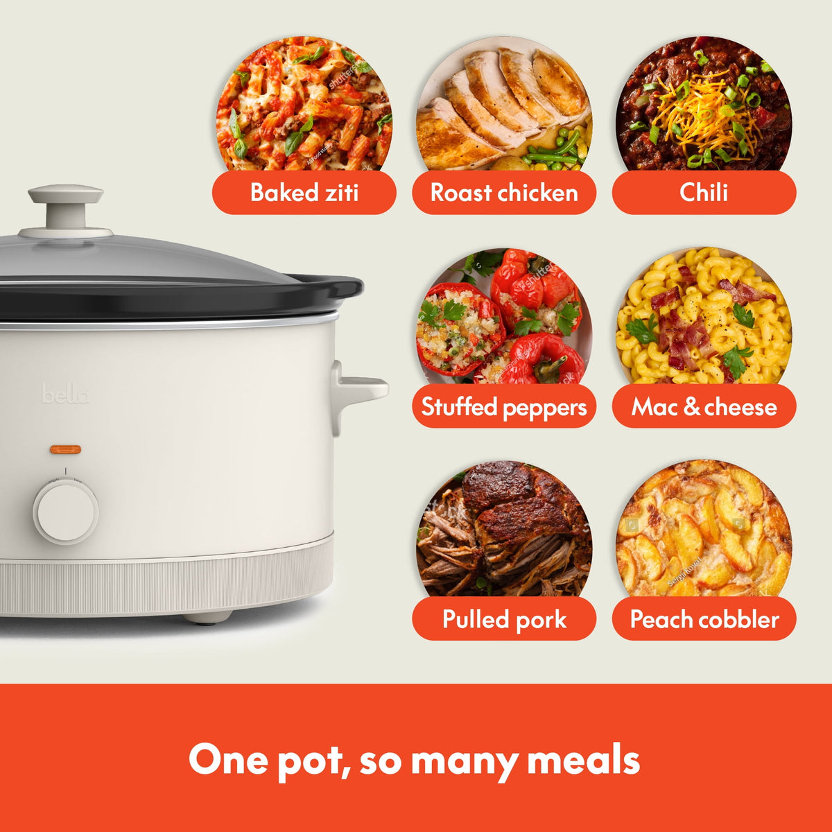 bella 6 Qt Manual Slow Cooker with 3 Temperature Settings, Ceramic Nonstick Coating, Dishwasher Safe Stoneware Pot & Tempered Glass Lid, Oatmilk
