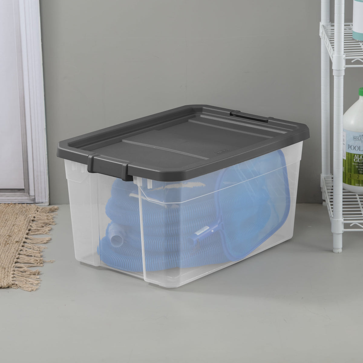 (2 pack) Sterilite 76 Quart Stacker Storage Bin, Clear Plastic Storage Container with Latch Lid, Durable, Dark Gray