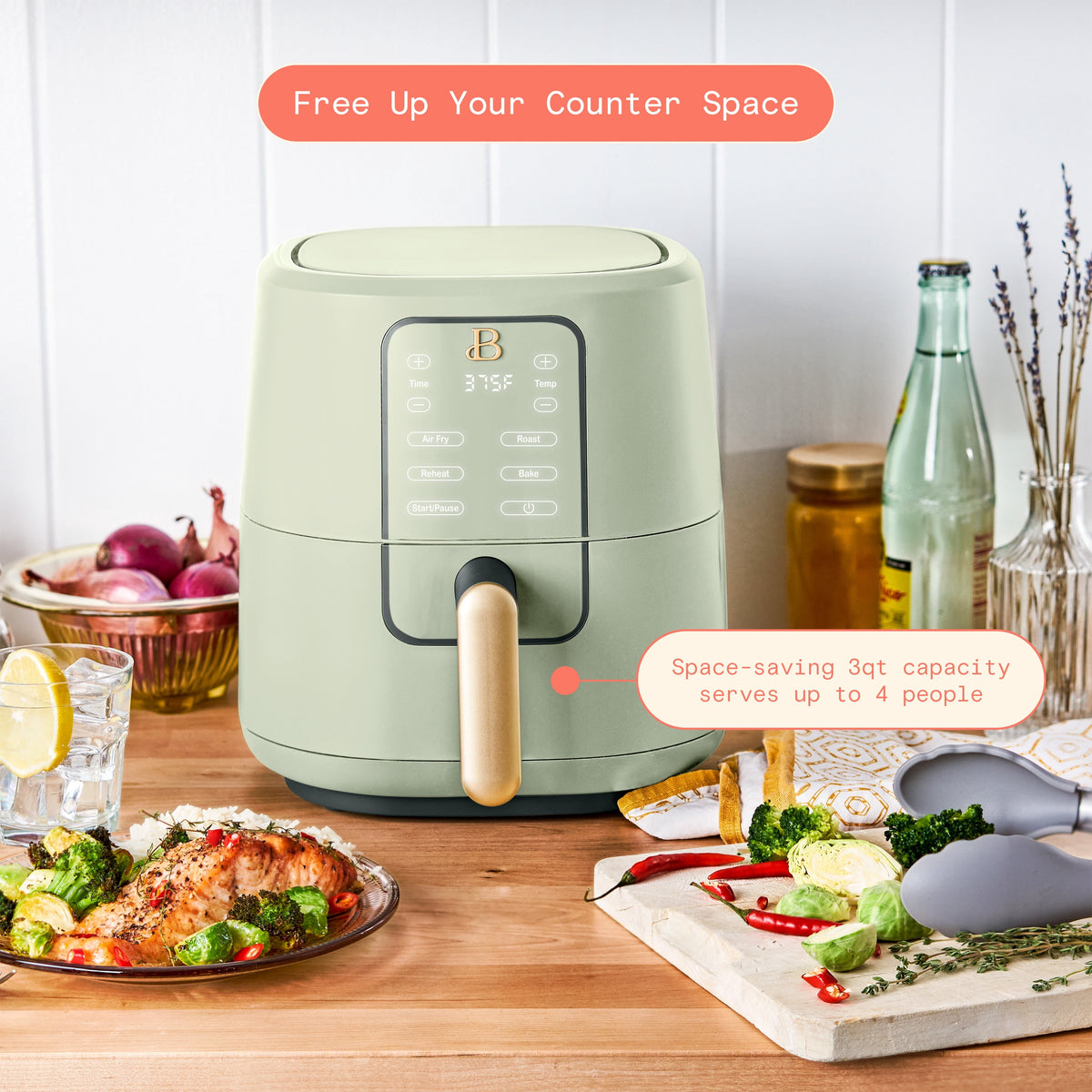 Beautiful 3 Qt Air Fryer with TurboCrisp Technology, EverGood Ceramic Nonstick Coating, Sage Green by Drew Barrymore