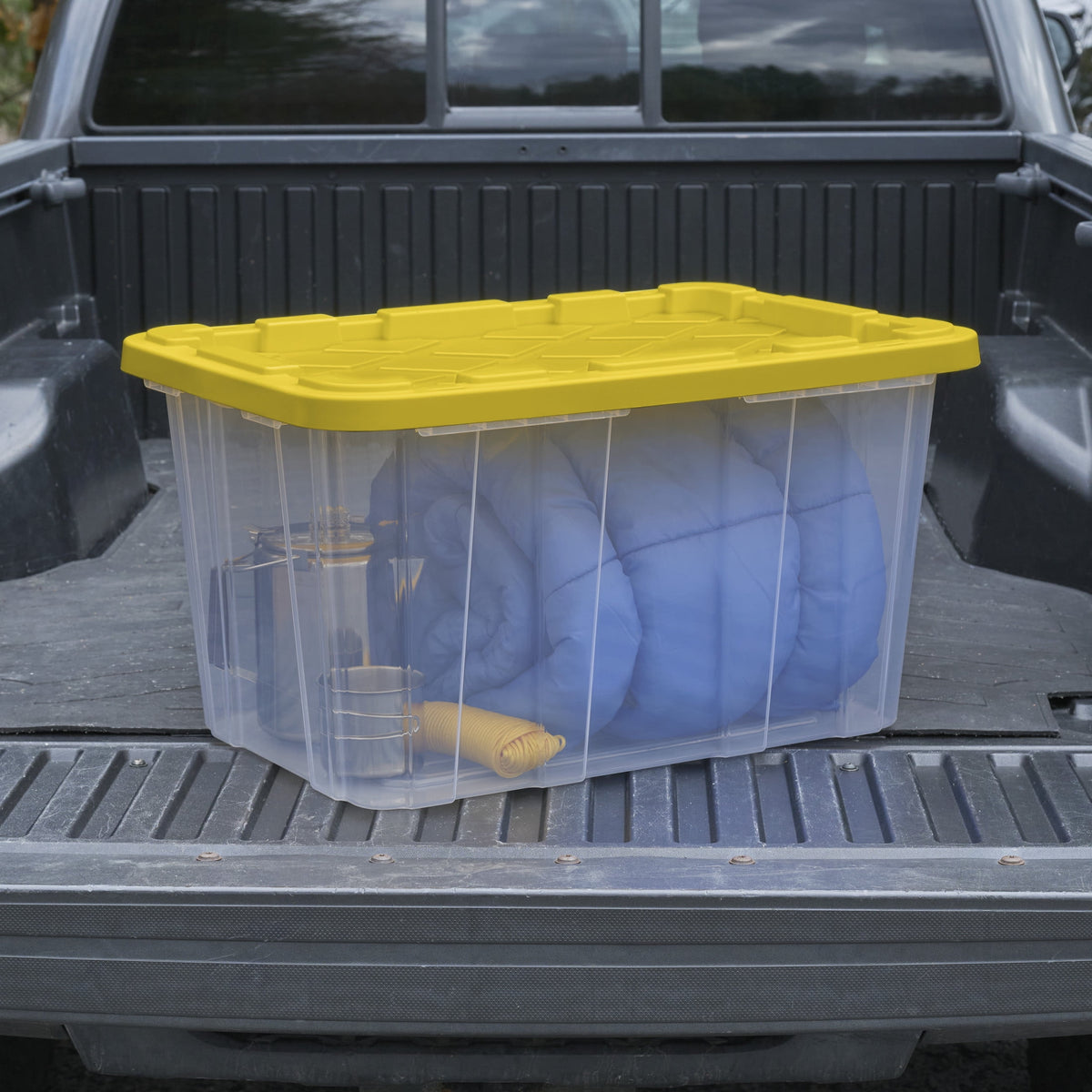Sterilite Large Industrial Storage Tote, 27 Gallon Durable Clear Plastic Storage Bin with Snap-Fit Lid, Yellow, 4 Pack