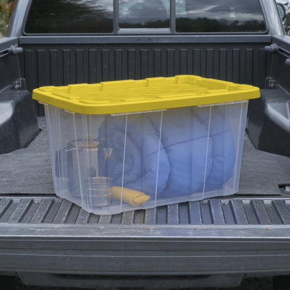 Sterilite Large Industrial Storage Tote, 27 Gallon Durable Clear Plastic Storage Bin with Snap-Fit Lid, Yellow, 4 Pack