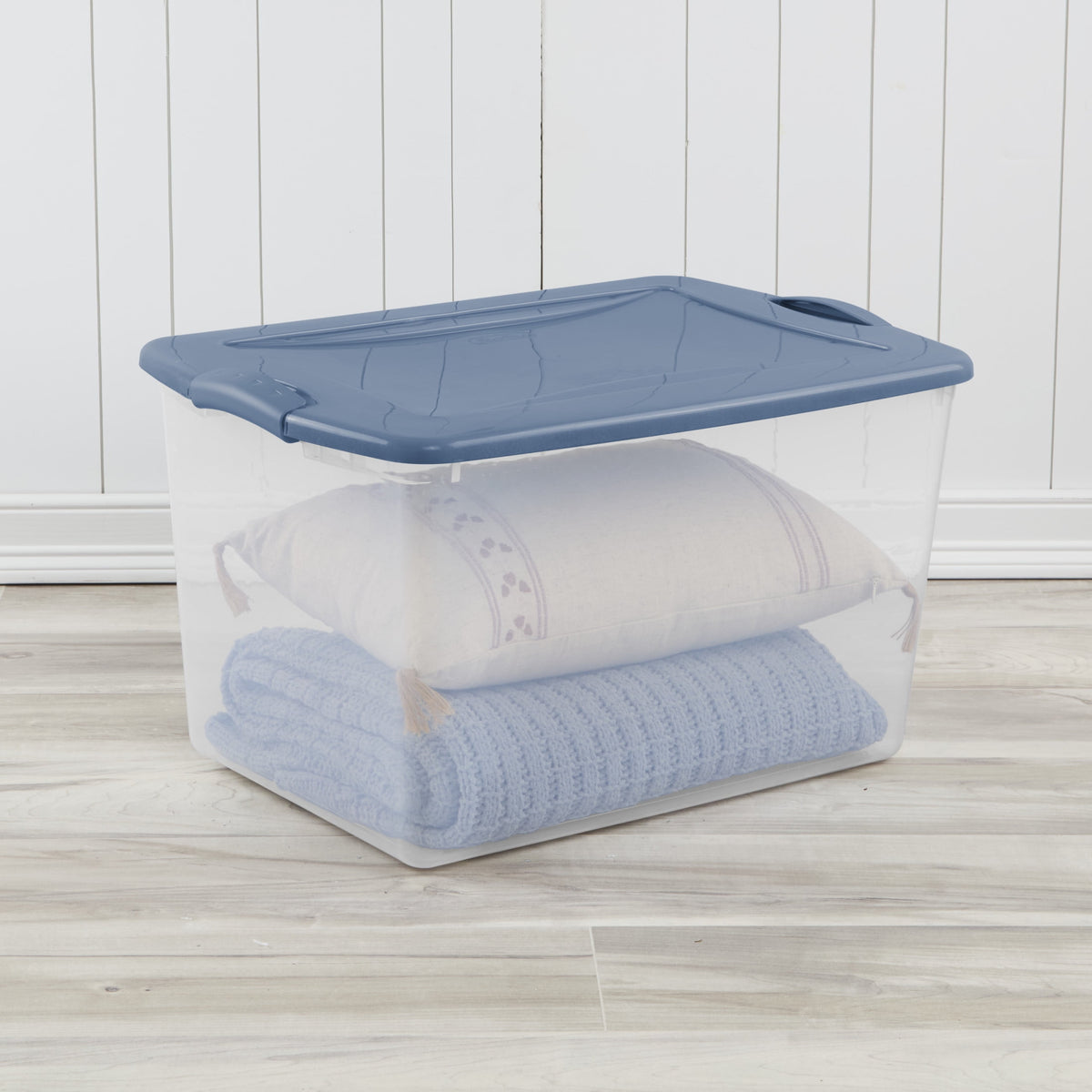 Sterilite Large Latching Storage Bin, 66 Quart Clear Plastic Storage Container with Latch Lid, Blue, 6 Pack