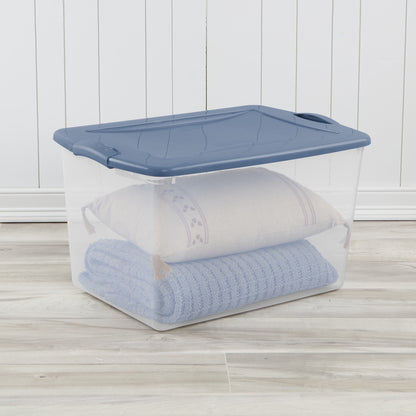 Sterilite Large Latching Storage Bin, 66 Quart Clear Plastic Storage Container with Latch Lid, Blue, 6 Pack