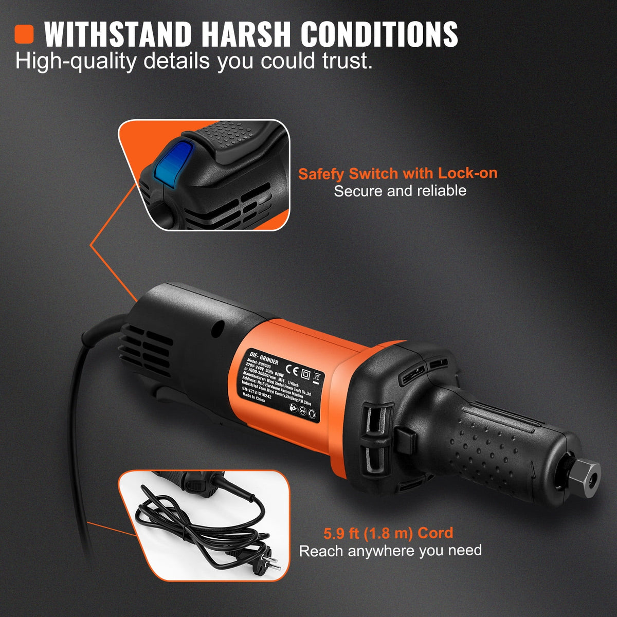 SKYSHALO Die Grinder, 1/4" Collet Variable Speed (7000-30000RPM), Heavy Duty Electric, Ergonomic Grip for Rust Removal, Grinding, Cutting, Polishing, Welding Repair