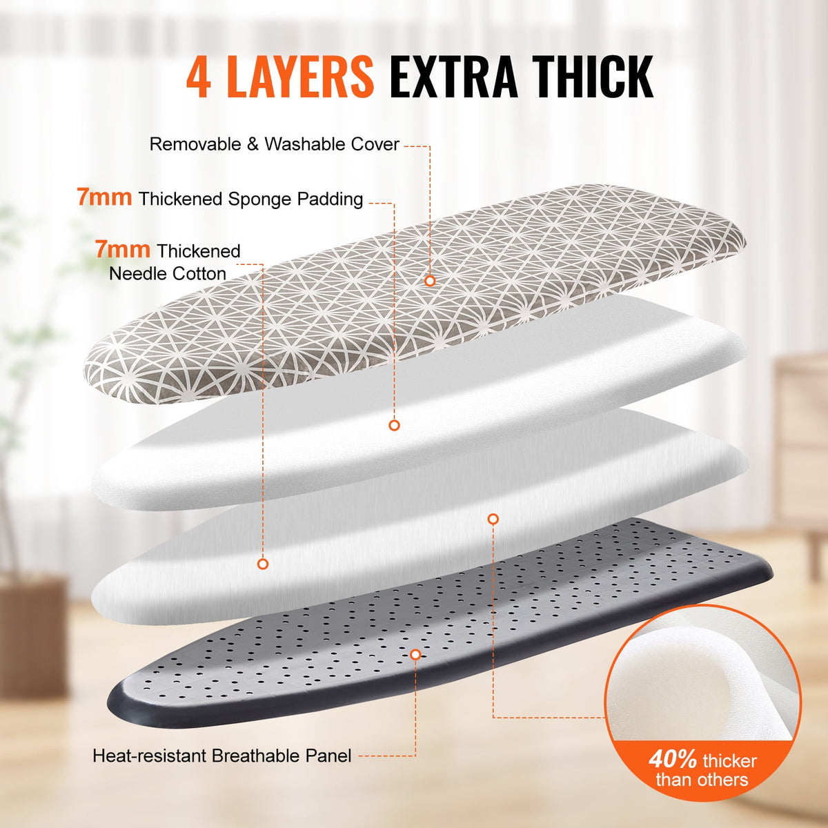 KFFKFF 51 x 13 Ironing Board, 4 Layer Thick & 7 Height Adjustable, Ironing Board with Heat Resistance Cover for Laundry