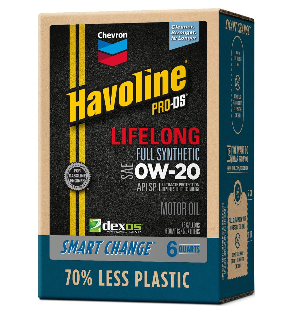Chevron Havoline Lifelong 0W-20 Full Synthetic Motor Oil, 6 Quarts (Smart Change Box)