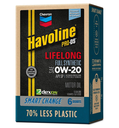 Chevron Havoline Lifelong 0W-20 Full Synthetic Motor Oil, 6 Quarts (Smart Change Box)