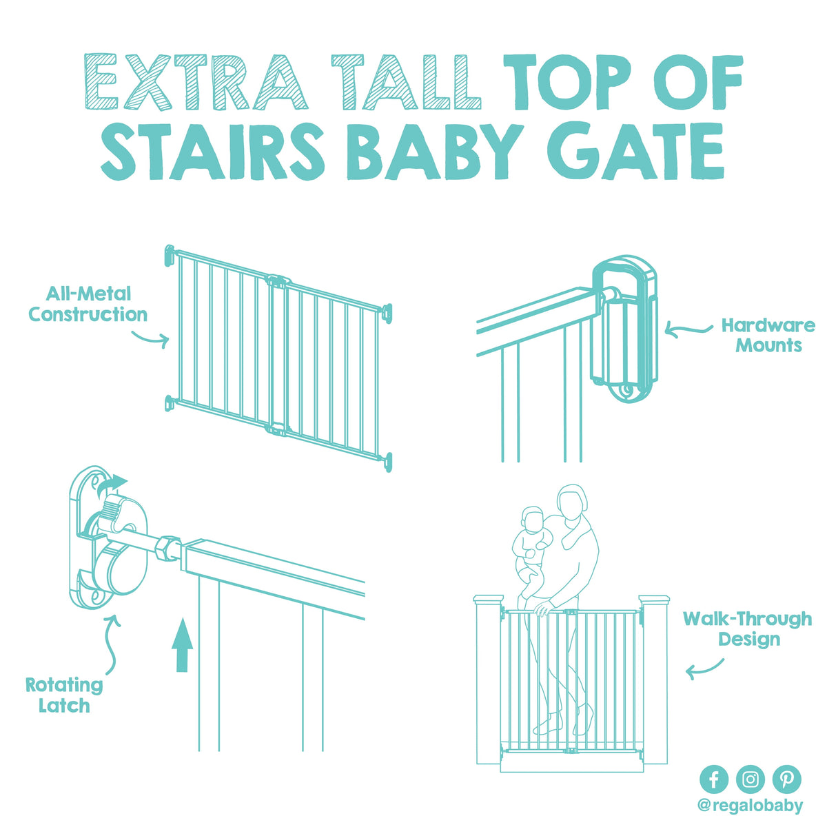 Regalo 2-in-1 Extra Tall Easy Swing Stairway and Hallway Walk Through Baby Gate, White, 38 Inch