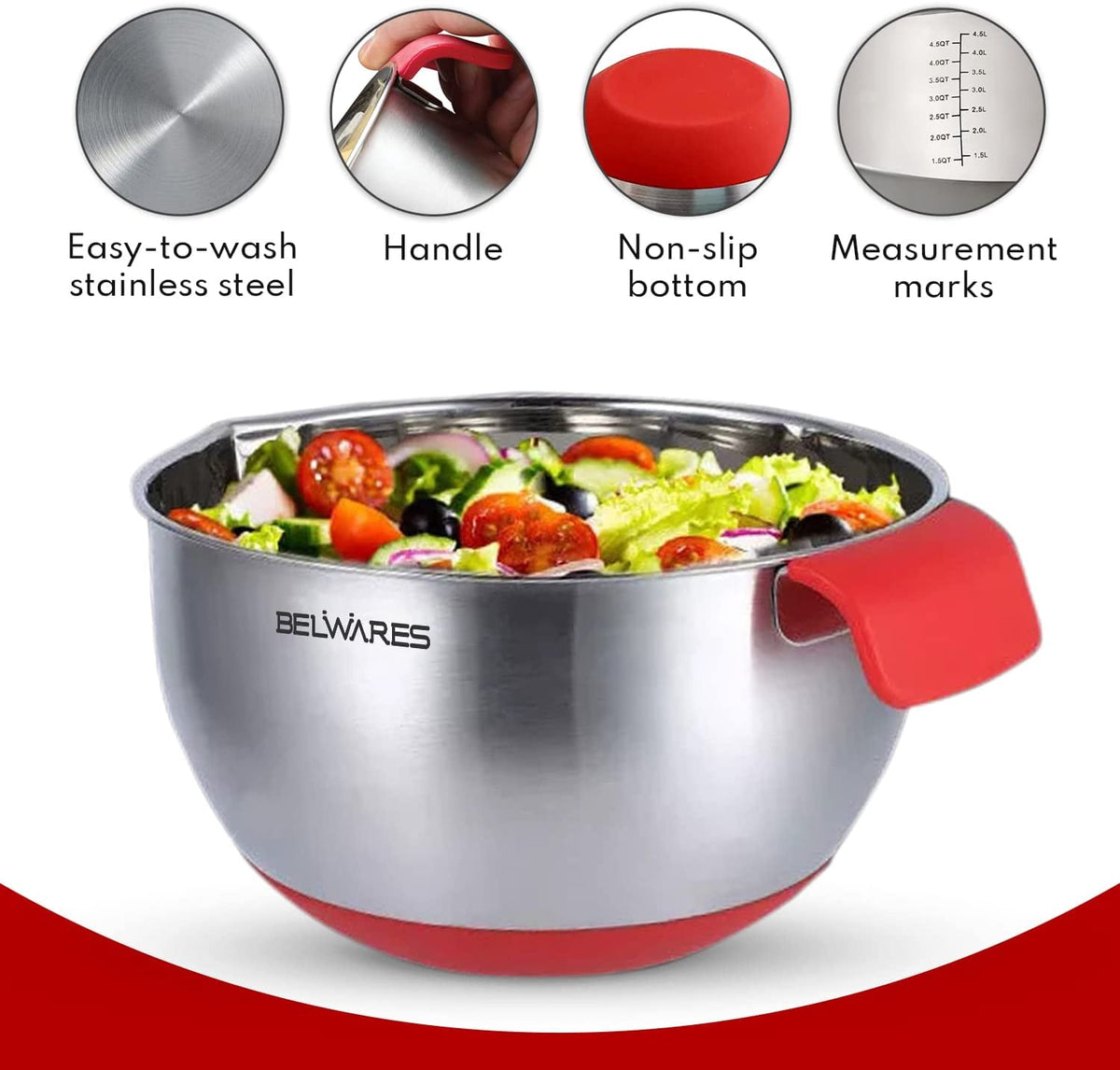 Mixing Bowls with Lids Set of 3, Stainless Steel Nesting Bowls with Red Airtight Lids, Graters, Non-Slip Base and Handles, Bowl Set for Prep, Mixing, and Food Storage