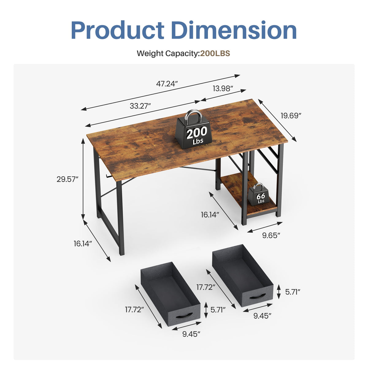 CONCETTA 47in Small Computer Desk with 2 Drawers, Side Headphone Hook, Writing Work Study Desk for Home, Rust Brown