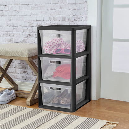 (2 pack) Sterilite 3 Drawer Tower, Plastic Storage Organizer with Removable Clear Bins, Easy Assembly, No Tools Needed, Black