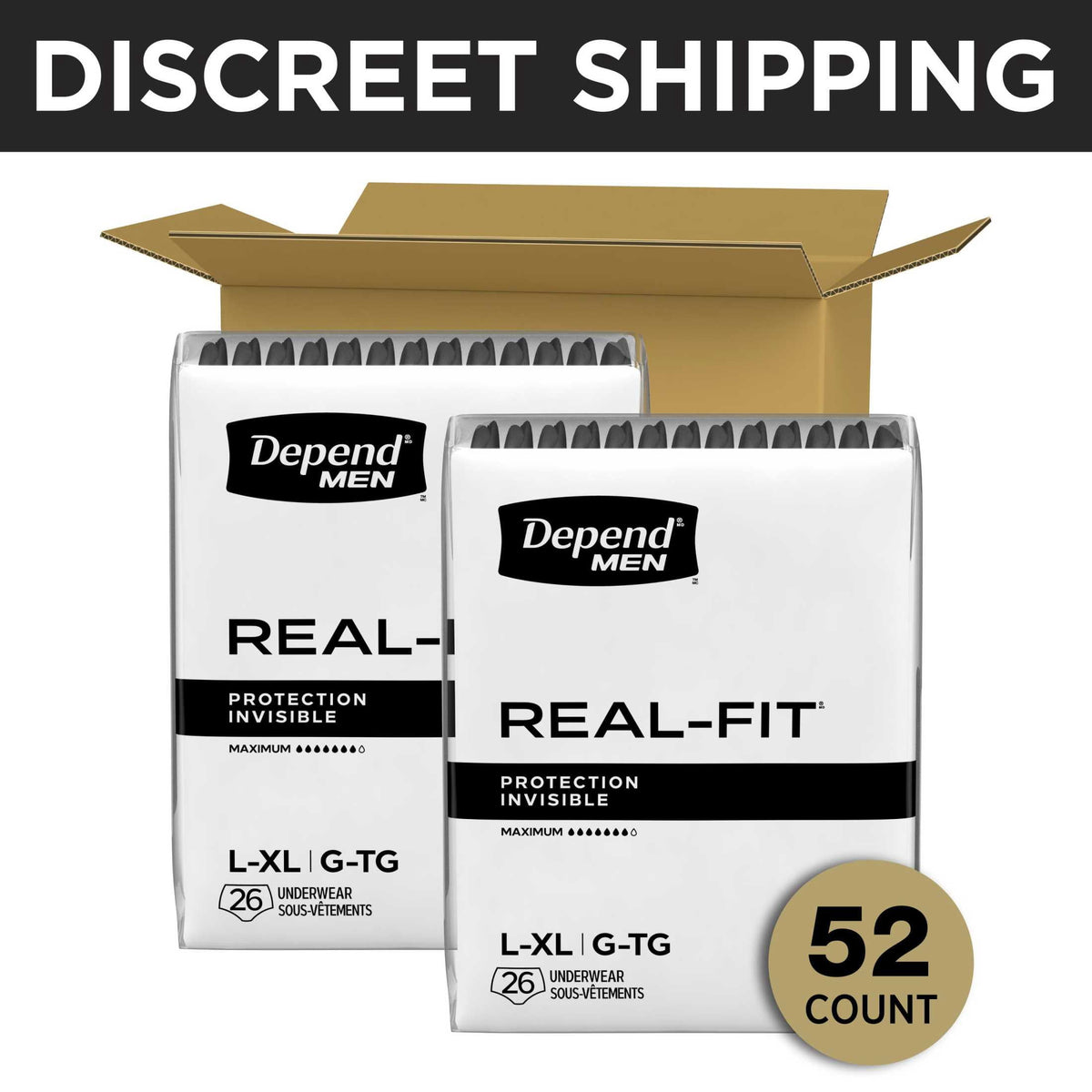Depend Real Fit Incontinence Underwear for Men, Adult Diapers, L/XL, Black, 52 Count
