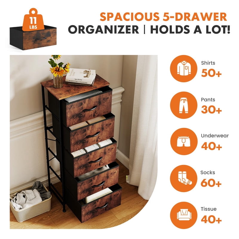 Kelno 5 Drawer Fabric Dresser Steel Frame Storage Chest Organizer with Wood Top, Rustic Brown