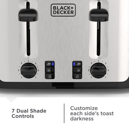 BLACK+DECKER Black/Silver 4‑Slice Toaster with Extra‑Wide Slots, 7 Adjustable Shade Settings, High‑Lift Lever & Drop‑Down Crumb Tray