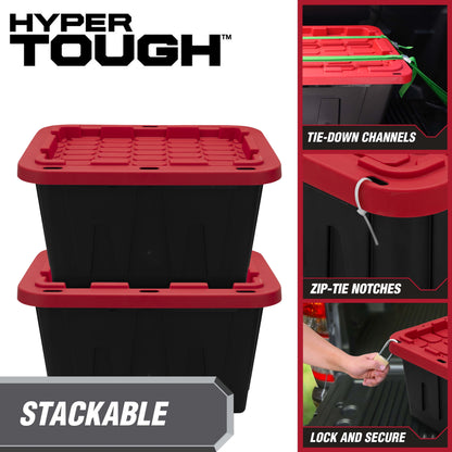 Hyper Tough 12 gal Snap Lid Storage Bin, Black and Red, Pack of 4