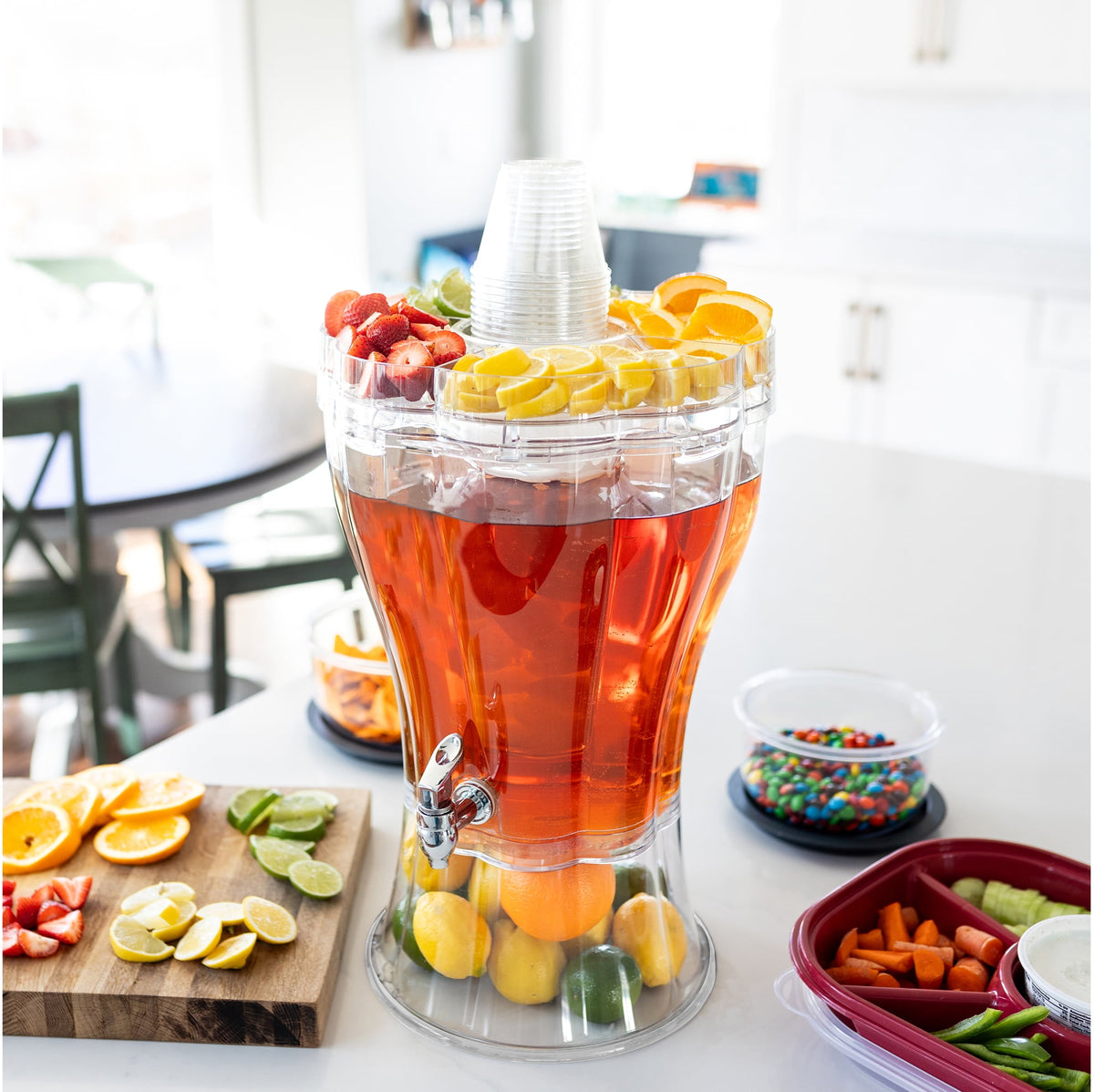 Buddeez 3.5 Gallon Break-Resistant Tritan Beverage Dispenser with Removable Ice-Cone and Party Top Lid that Holds Cups, Sweeteners, Garnishes and More