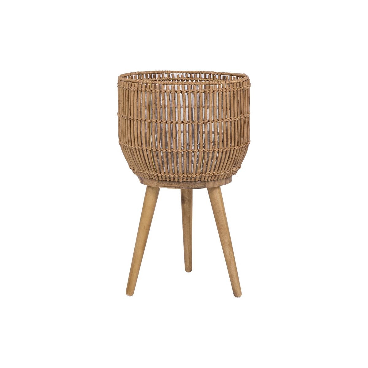 Better Homes & Gardens 13 in Round Brown Resin Rattan Planter & Stand with Acacia Wood Legs