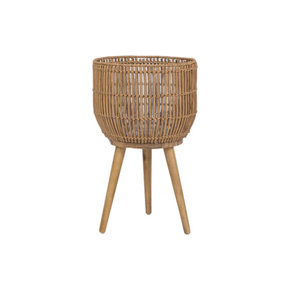 Better Homes & Gardens 13 in Round Brown Resin Rattan Planter & Stand with Acacia Wood Legs