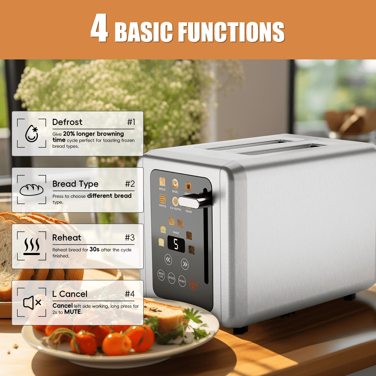 WHALLULTRA Touchscreen Toaster 2 Slice, Stainless Steel, 1.5 " Wide Slots, Bagel, Defrost, 850W