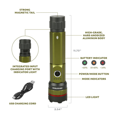 Swiss Tech 5000 Lumen Rechargeable LED Flashlight with IP67 Waterproof Protection and Magnetic Tailcap