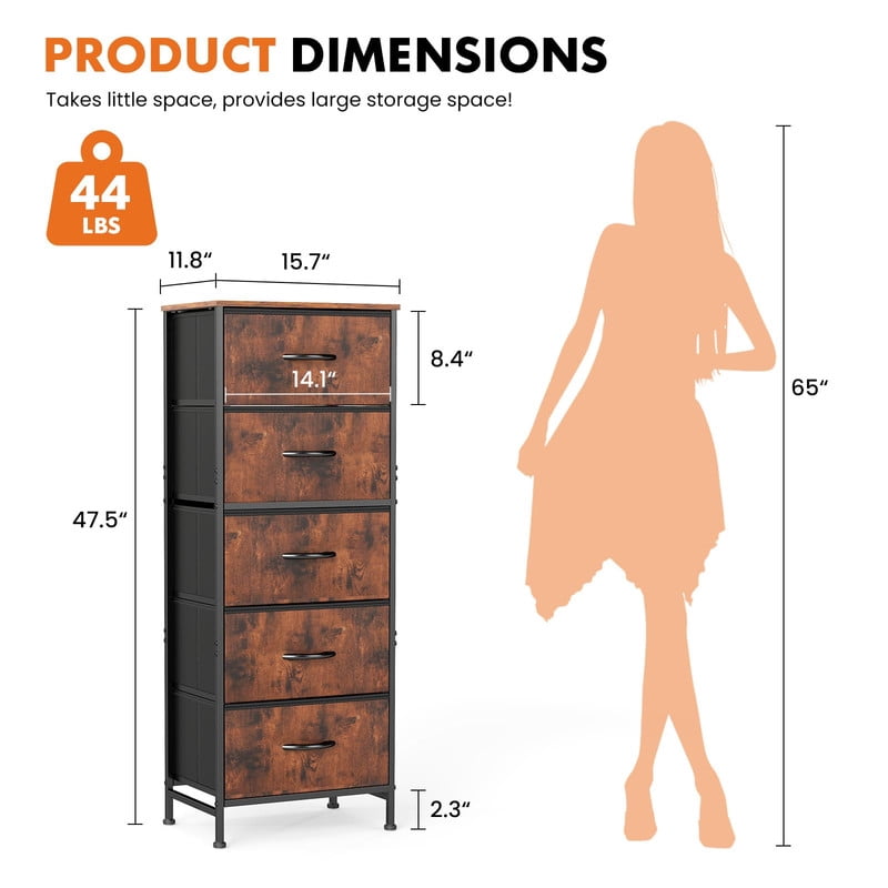 Kelno 5 Drawer Fabric Dresser Steel Frame Storage Chest Organizer with Wood Top, Rustic Brown