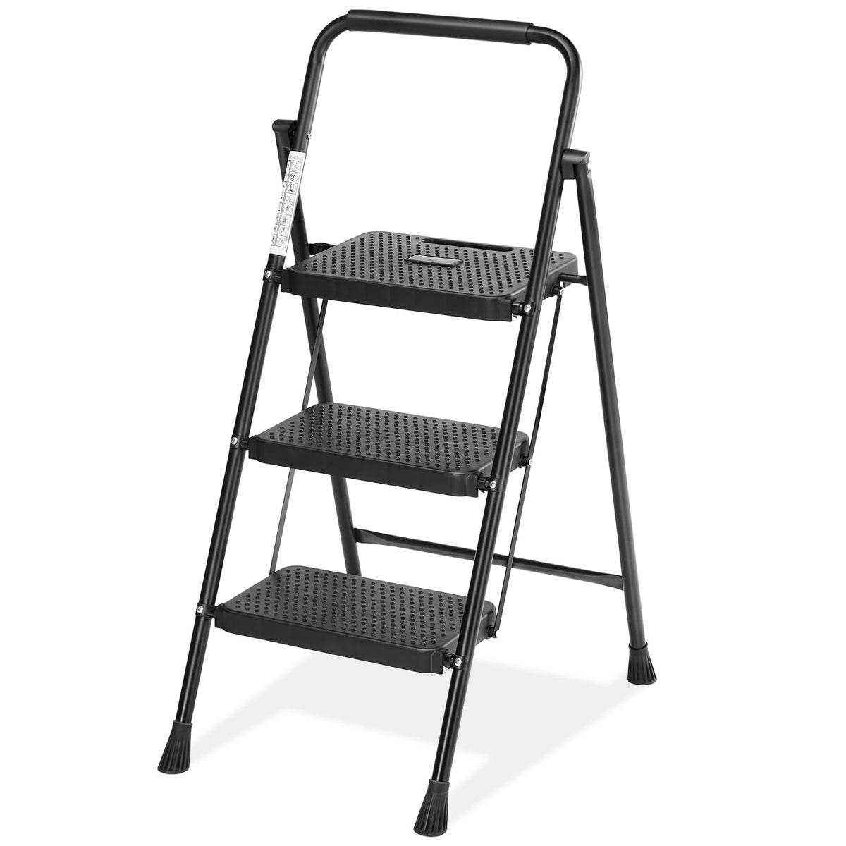 CONCETTA 3 Step Ladder, Folding Steel Step Stool with Wide Non-Slip Pedals, Safety Lock and Hand Grip, 330 lb Capacity, Portable Ladder for Home, Kitchen and Garage,Black