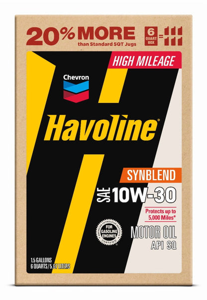 (2 pack) Chevron Havoline High Mileage Synthetic Technology Motor Oil 10W-30, 6 Quart Smart Change Box