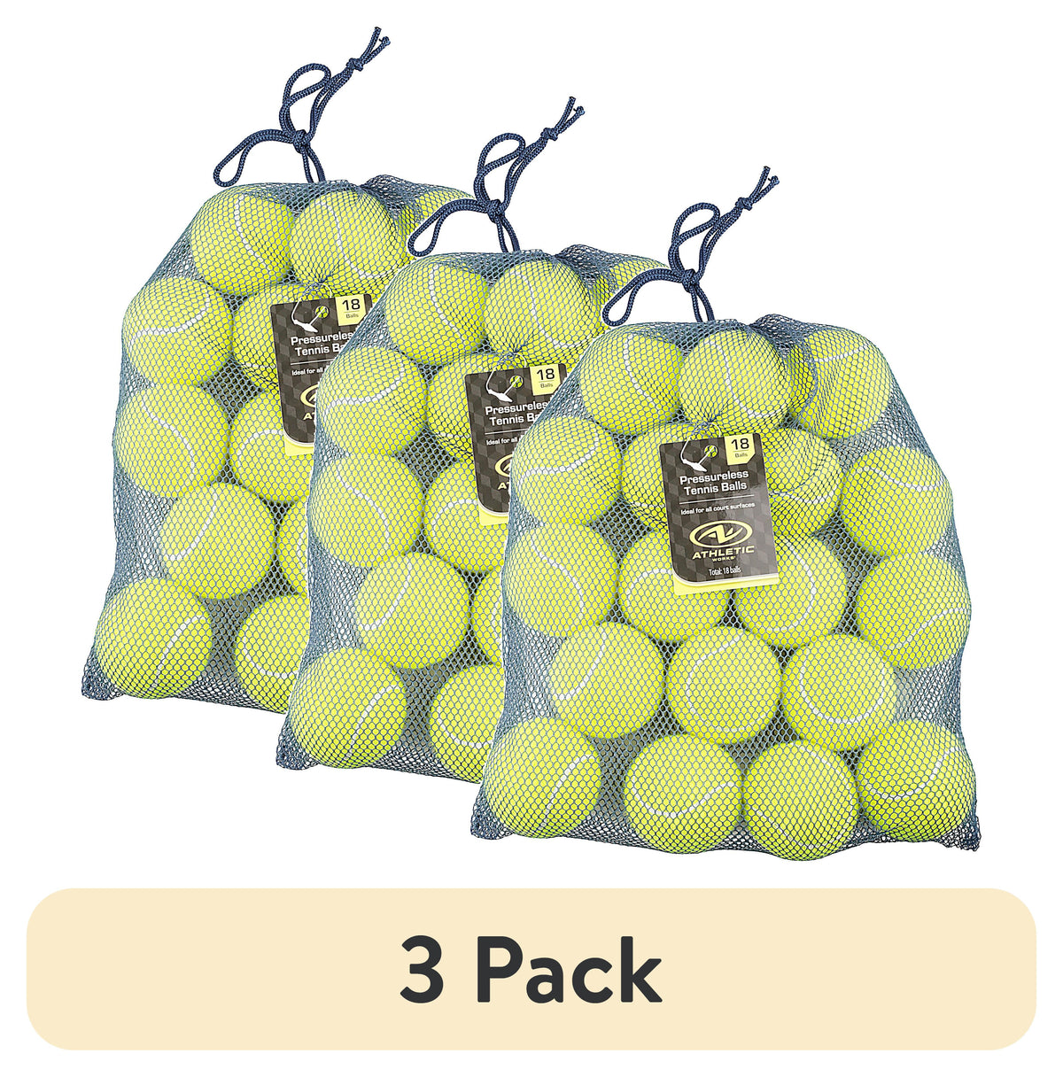 (3 pack) Athletic Works Pressureless Tennis Balls, 18-Pack, for Training and Dog Play