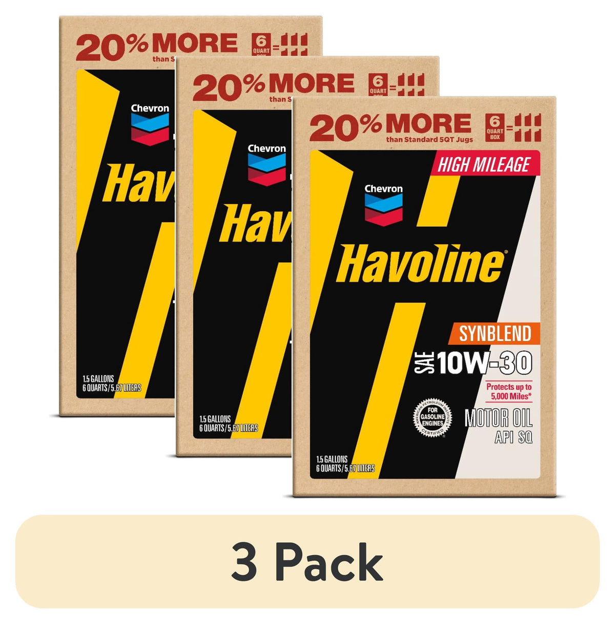 (2 pack) Chevron Havoline High Mileage Synthetic Technology Motor Oil 10W-30, 6 Quart Smart Change Box