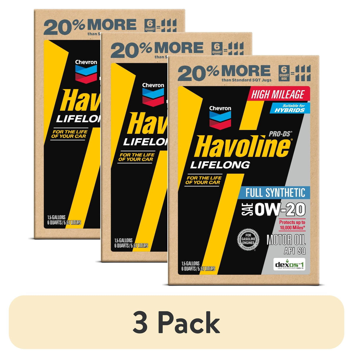 Chevron Havoline Lifelong 0W-20 Full Synthetic Motor Oil, 6 Quarts (Smart Change Box)