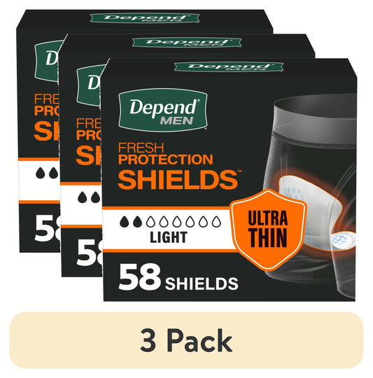 (3 pack) Depend Shields Incontinence Pads for Men, Light Absorbency, 58 Count