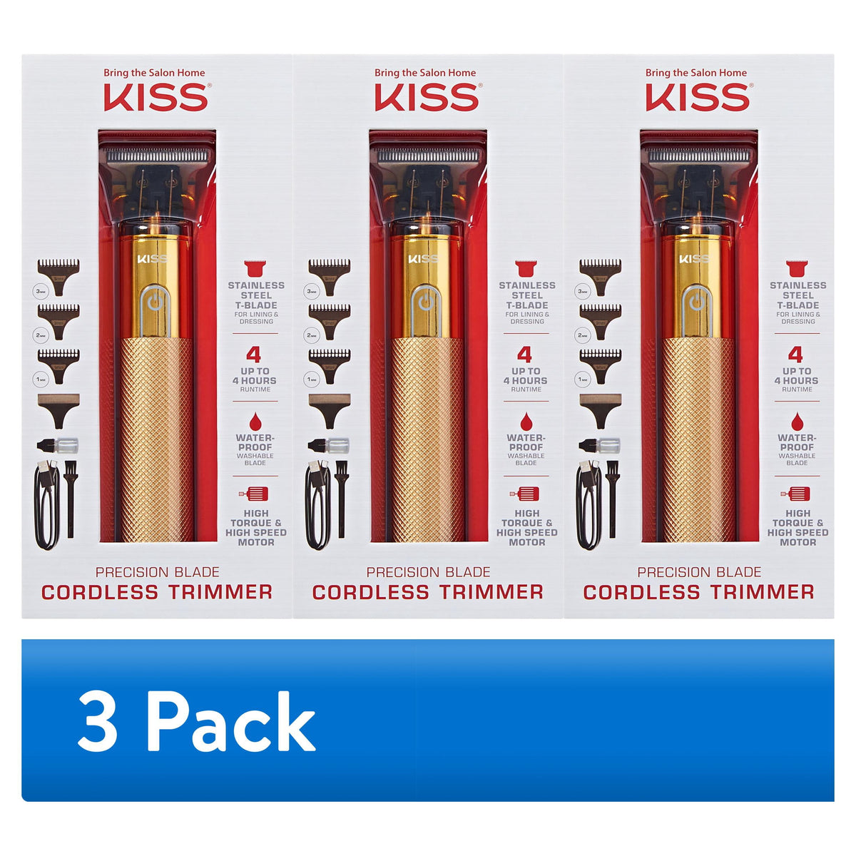 Kiss Precision Blade Cordless Hair Trimmer, Stainless Steel T-Blade, High-Speed Motor, Gold, 8 Pieces