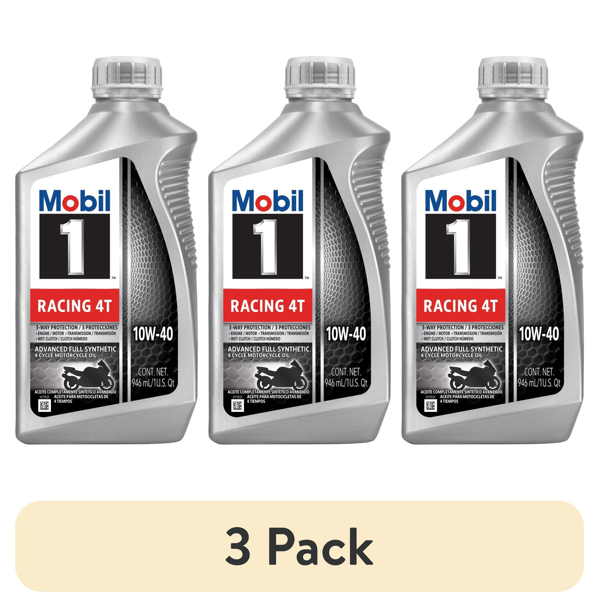 (3 pack) Mobil 1 Racing 4T Full Synthetic Motorcycle Oil 10W-40, 1 Quart
