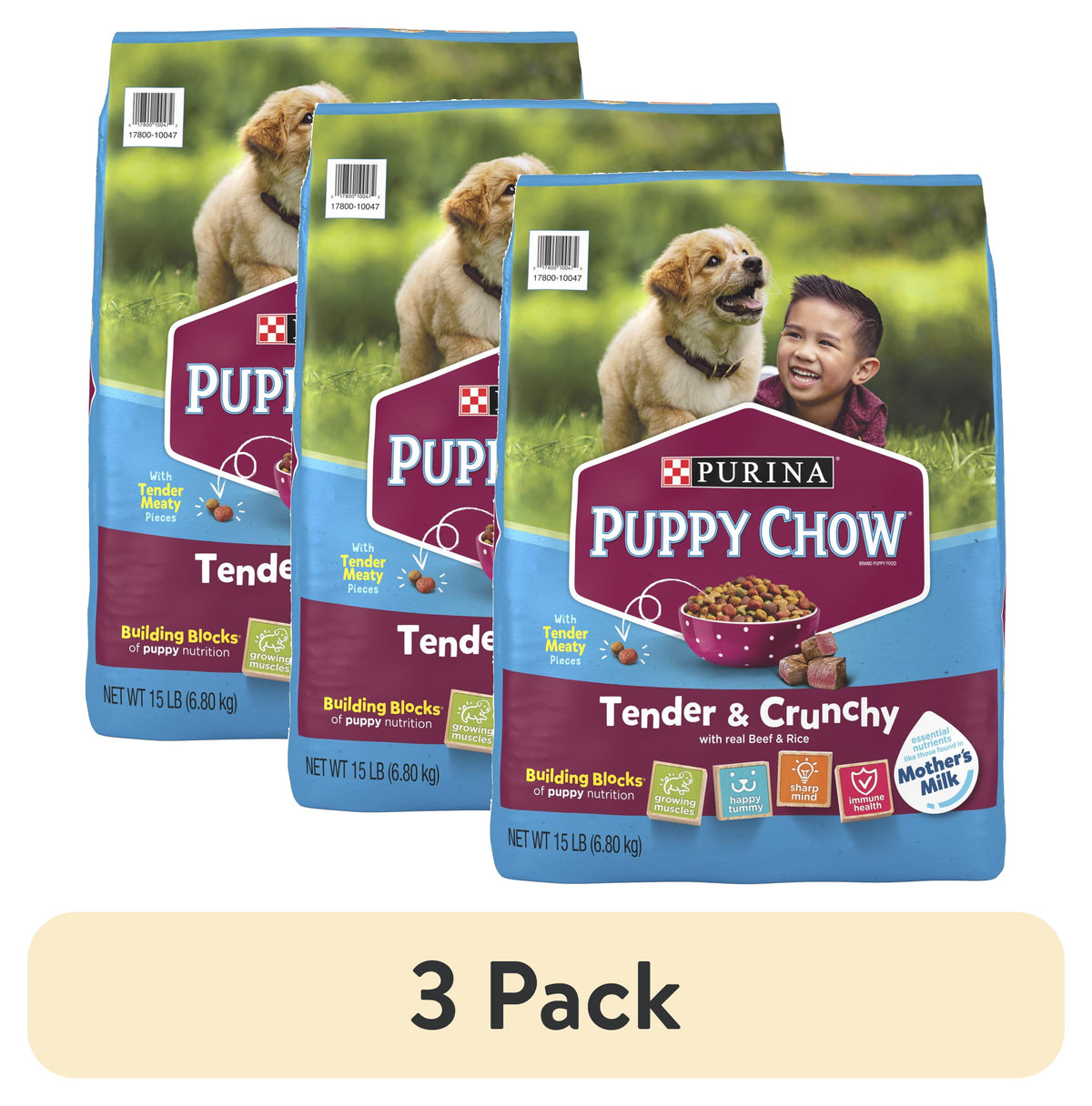 (3 pack) Purina Puppy Chow Dry Dog Food, High Protein Tender & Crunchy Real Beef Formula, 15 lb Bag