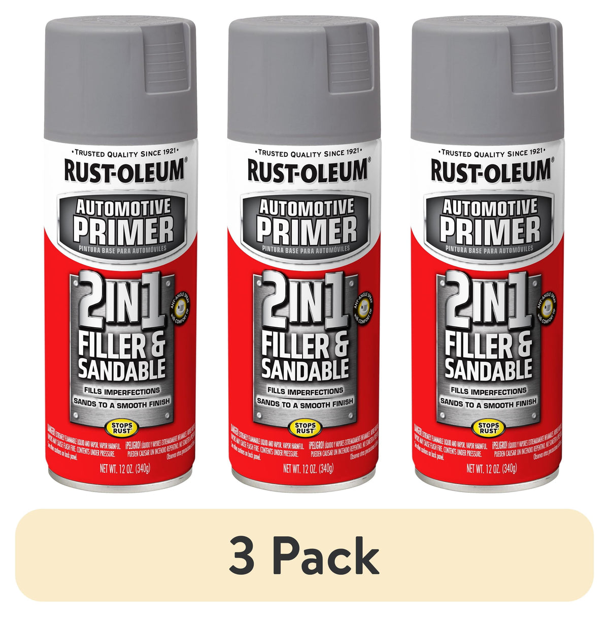 (3 pack) Rust-Oleum Automotive 2 in 1 Filler and Sandable Primer Spray, Gray, 12 oz