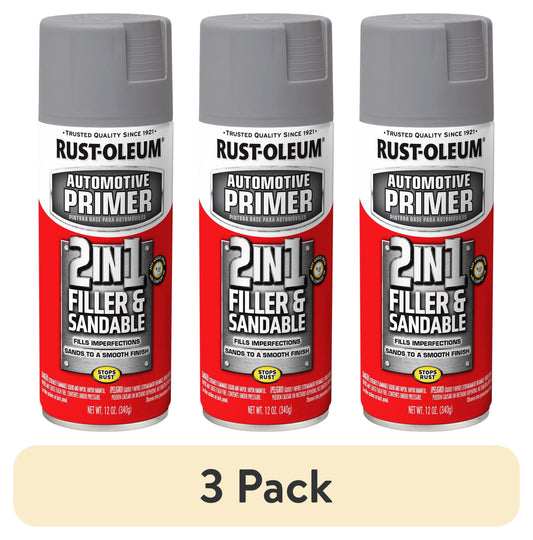 (3 pack) Rust-Oleum Automotive 2 in 1 Filler and Sandable Primer Spray, Gray, 12 oz
