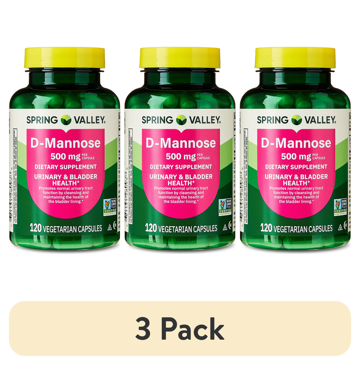 (3 pack) Spring Valley D-Mannose Urinary Tract Support Dietary Supplement, 500 mg, 120 Vegetarian Capsules