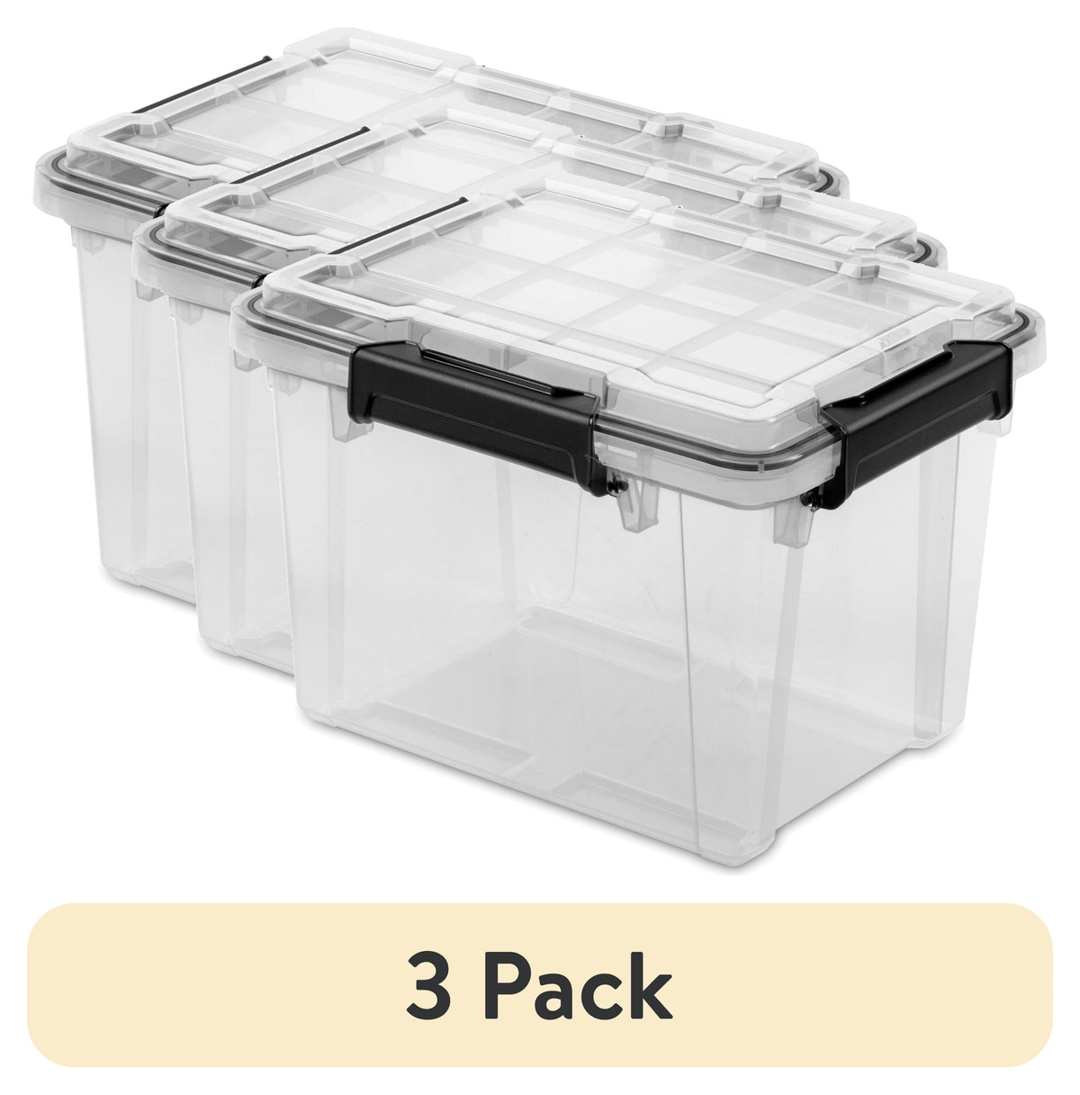 (3 pack) Sterilite Small Gasket Box, 19 Quart IP68 WaterProof Clear Plastic Storage Bin with Lid, Gasket Seal and Durable Latches, Black