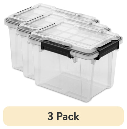 (3 pack) Sterilite Small Gasket Box, 19 Quart IP68 WaterProof Clear Plastic Storage Bin with Lid, Gasket Seal and Durable Latches, Black