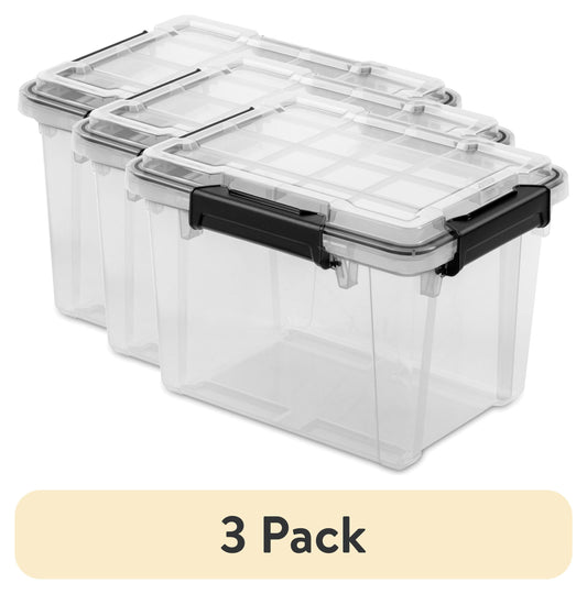 (3 pack) Sterilite Small Gasket Box, 19 Quart IP68 WaterProof Clear Plastic Storage Bin with Lid, Gasket Seal and Durable Latches, Black