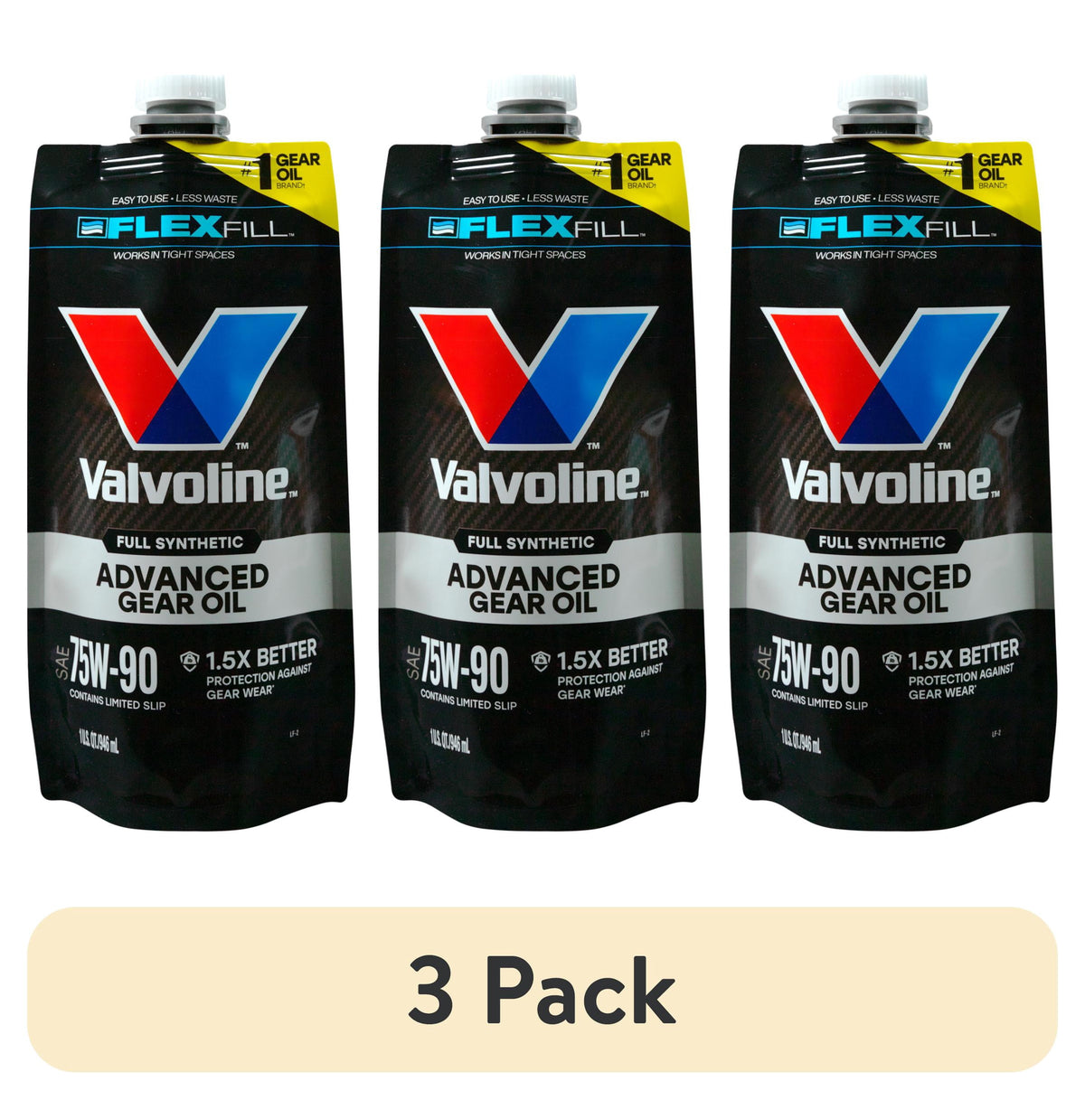 (3 pack) Valvoline FlexFill Advanced Full Synthetic 75W-90 Gear Oil 1 Quart Pouch